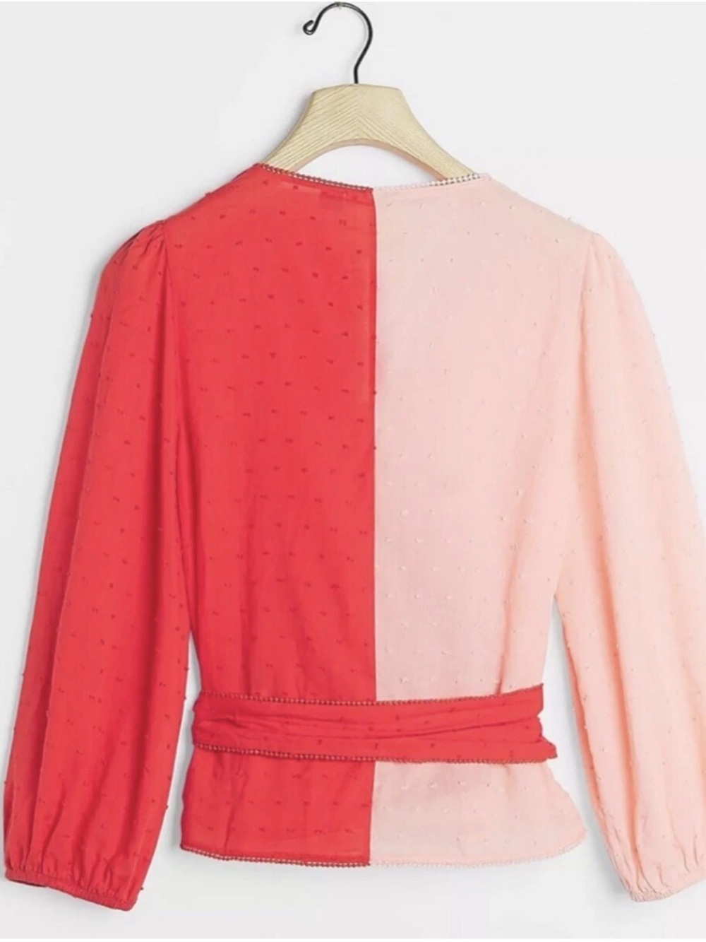 Anthropologie x FARM Rio Wrap Blouse Swiss Dot Puff Sleeve Colorblock Pink Red - Picture 4 of 15